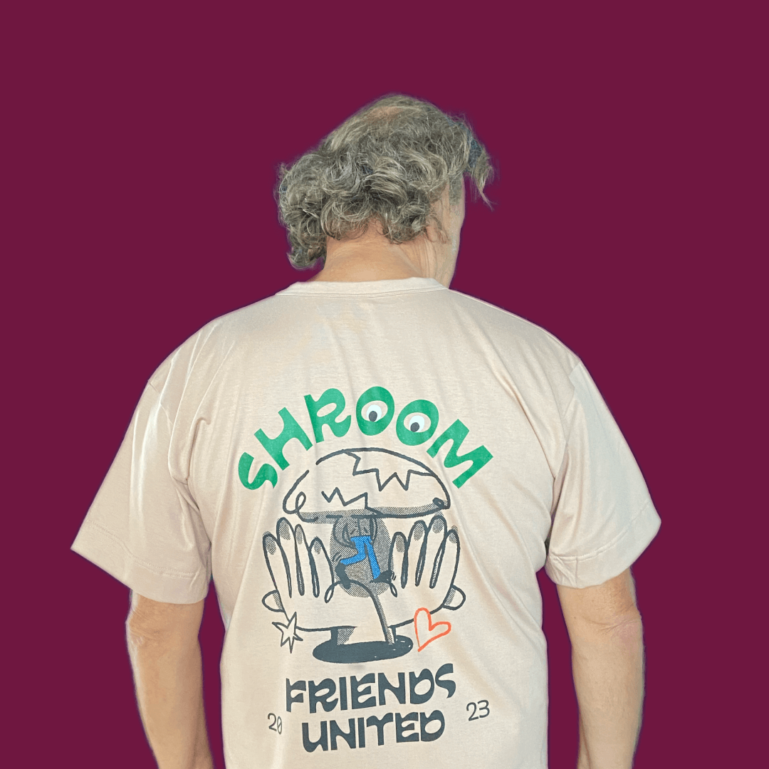 model with shroom tshirt on - back